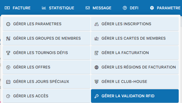 Accès au menu de validation RFID