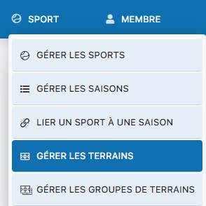 Menu SPORT avec option Gérer les terrains