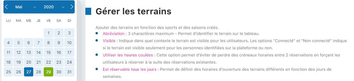 Liste des terrains existants