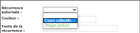 Menu de sélection Récurrence autorisée