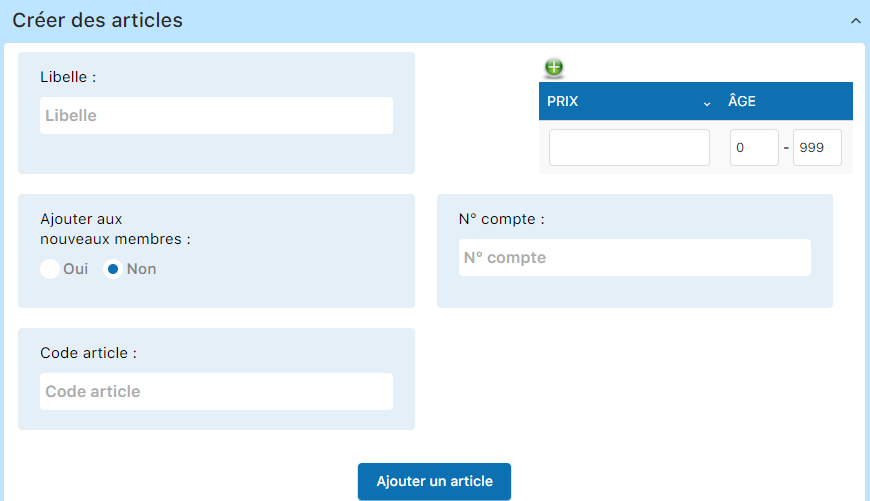 Champs de comptabilité pour l'article