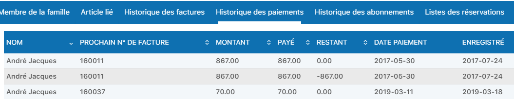 Onglet Historique des paiements