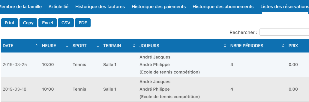 Onglet Liste des réservations