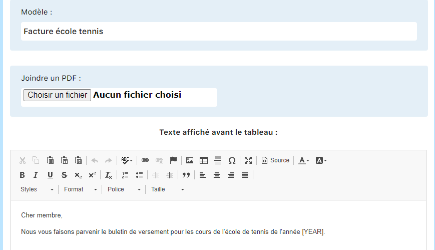 Modèle de facture papier pour les cours de tennis