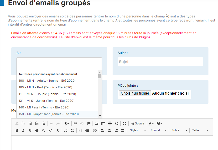Interface d'envoi d'emails groupés